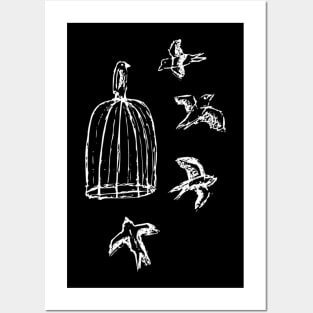 Birds flying around a cage Posters and Art